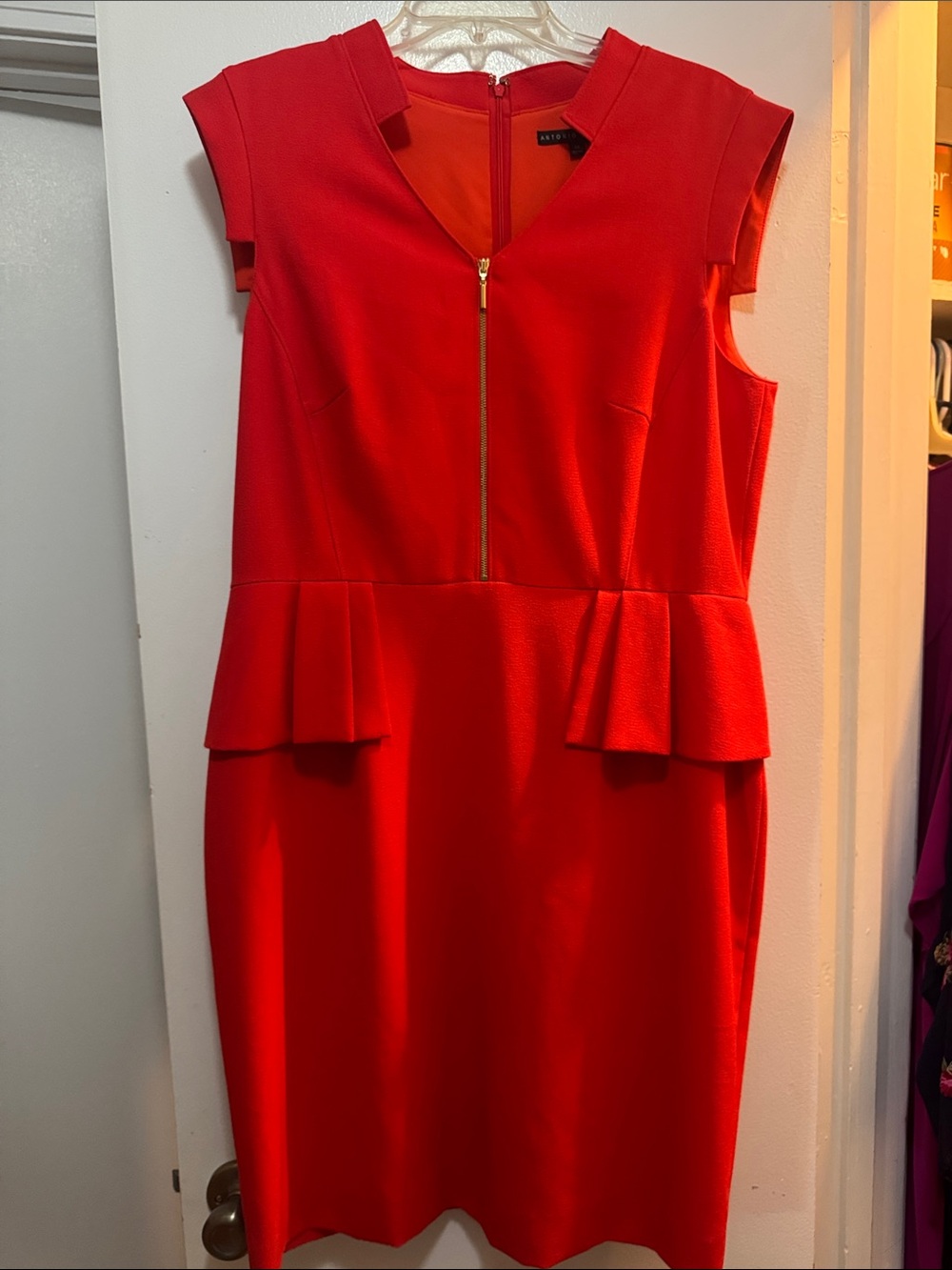 ANTONIO MELANI Red Peplum Midi Dress with Front Zip